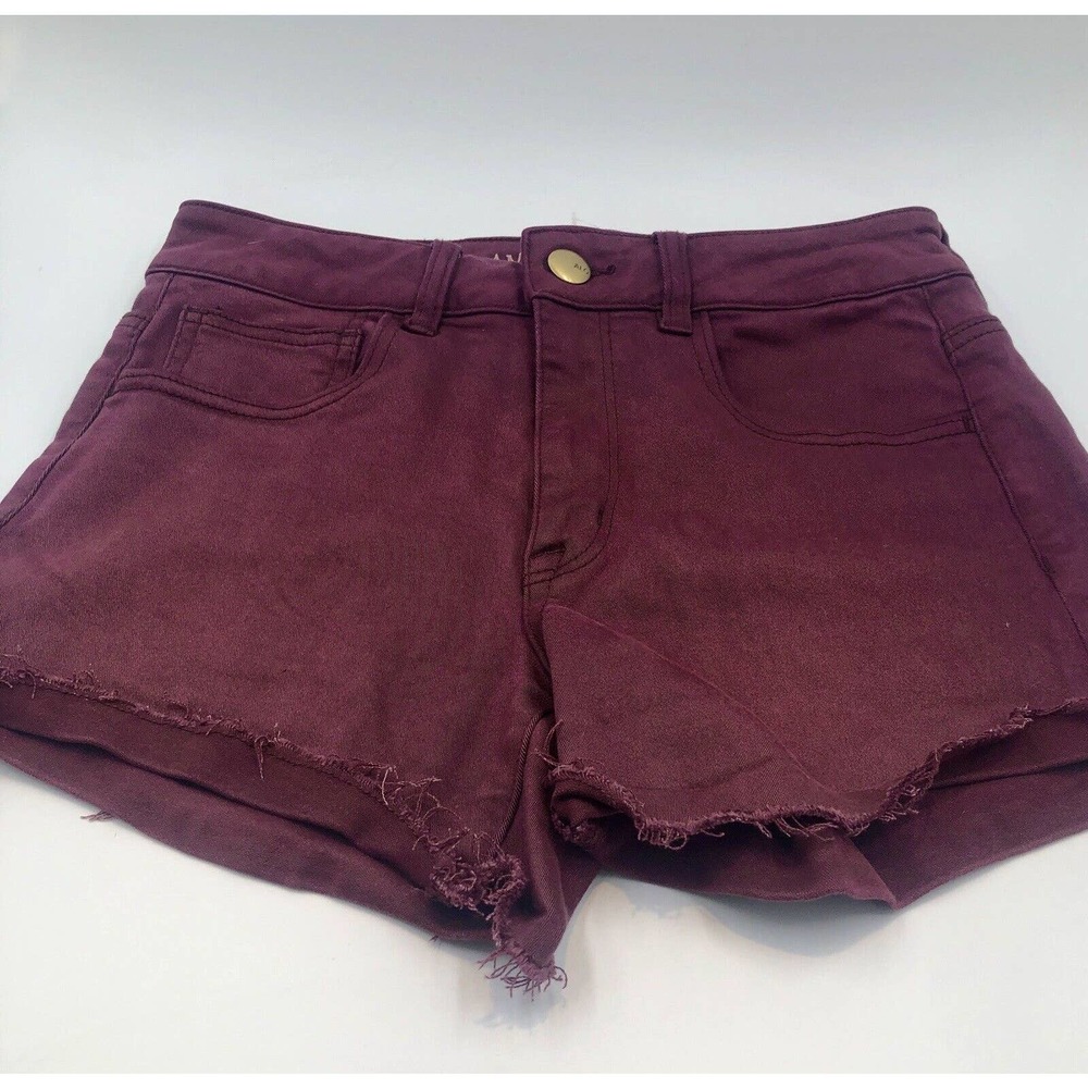 American Eagle Shorts Women 6 Burgundy Wine Hi-Rise Shortie Cutoff‎ Stretch Fray